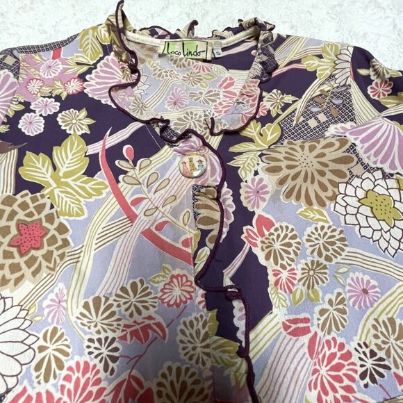 Vintage Loco Lindo Women's Small Ruffle Neck Popover Top Flared Sleeve Blouse - Picture 10 of 10